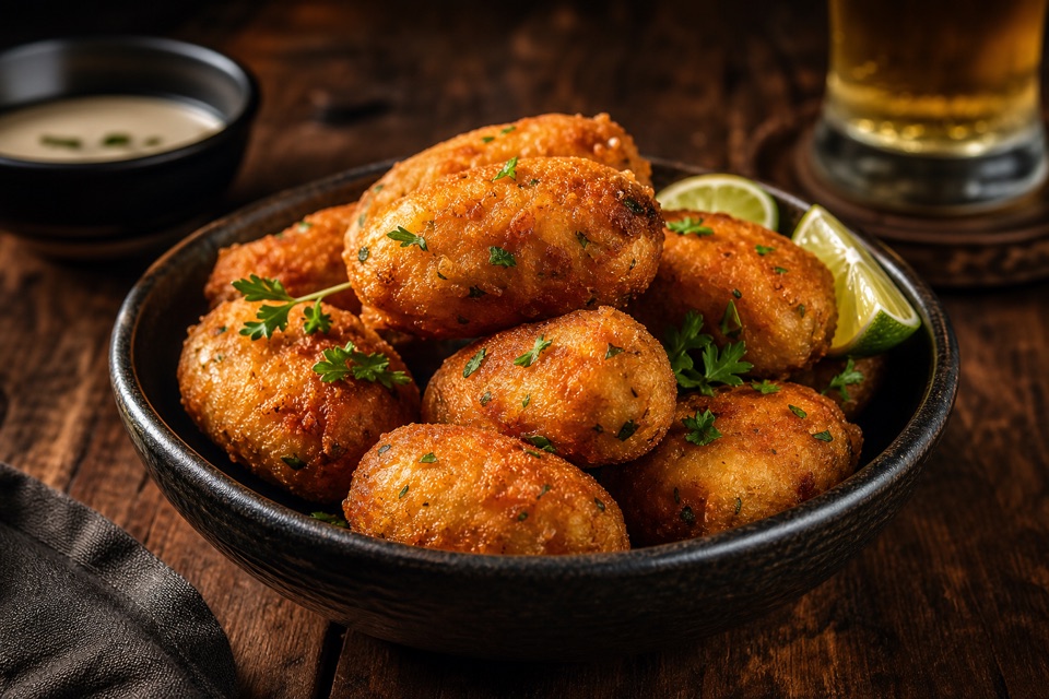 Bolinhos de bacalhau crocantes servidos com limão