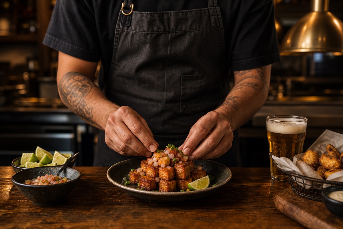 Cozinheiro finalizando um petisco de boteco