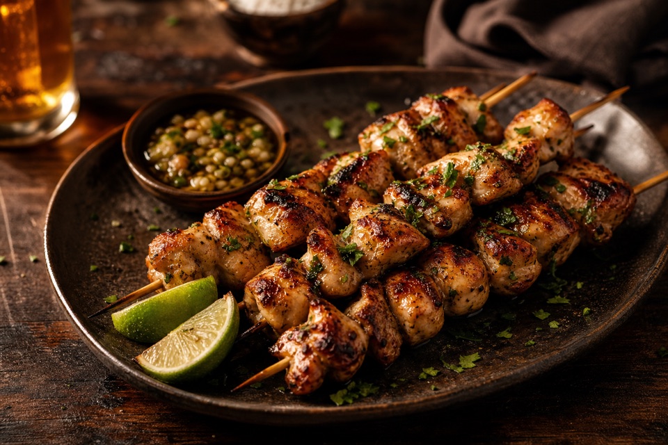 Espetinhos de frango dourados com limão e ervas