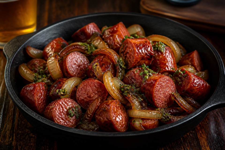 Linguiça na brasa com cebolas caramelizadas