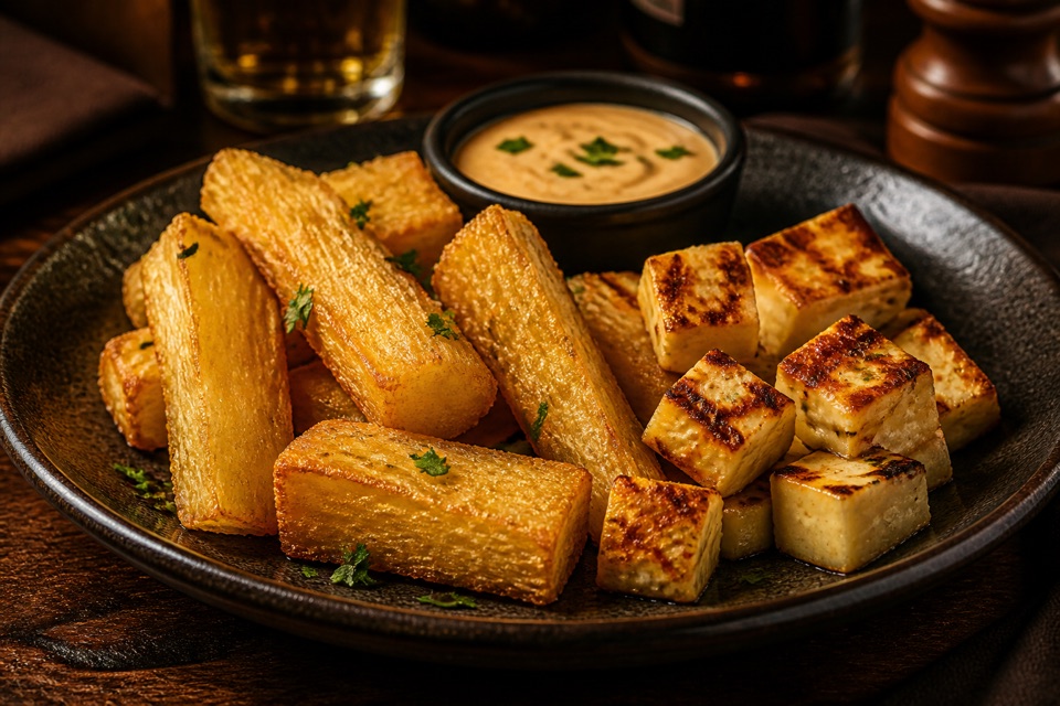 Mandioca frita acompanhada de queijo coalho grelhado